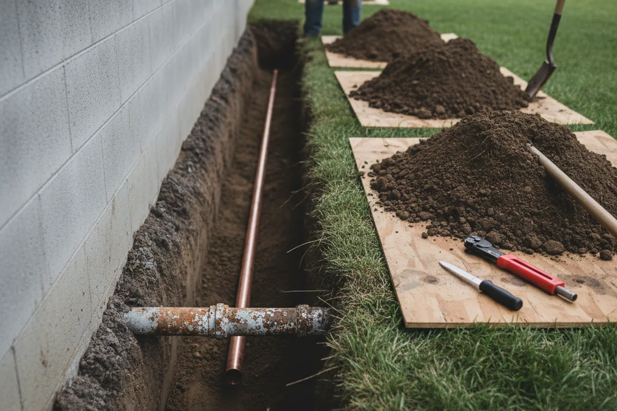 Excavated water line trench during Water Heater Repair in Cold Spring